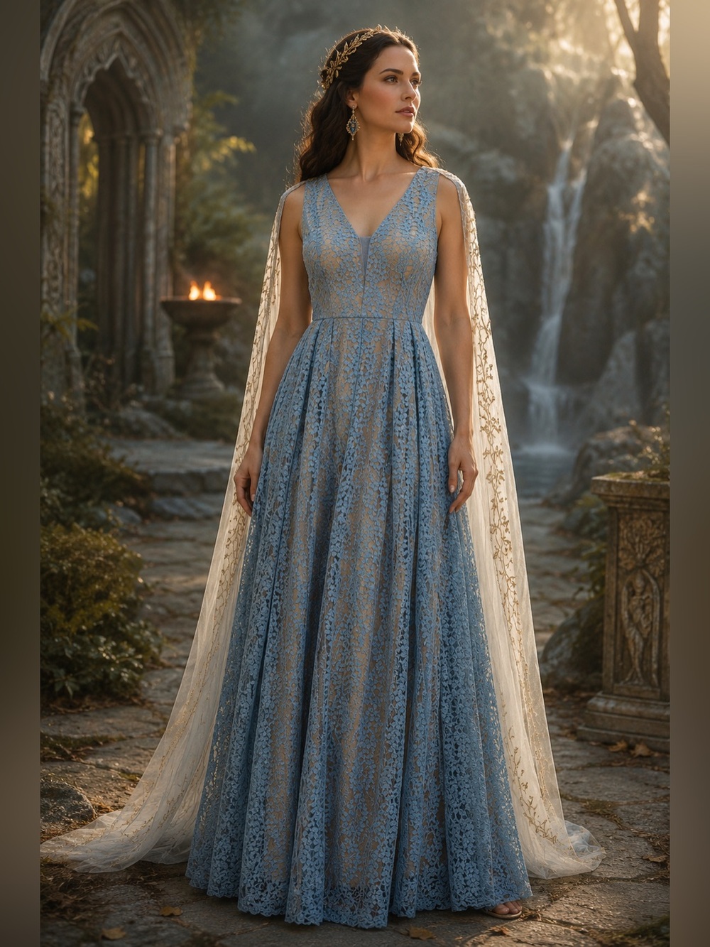 Light Blue Lace Maxi Dress Galadriel Fantasy Elvish Bridesmaid Leaf Overlay